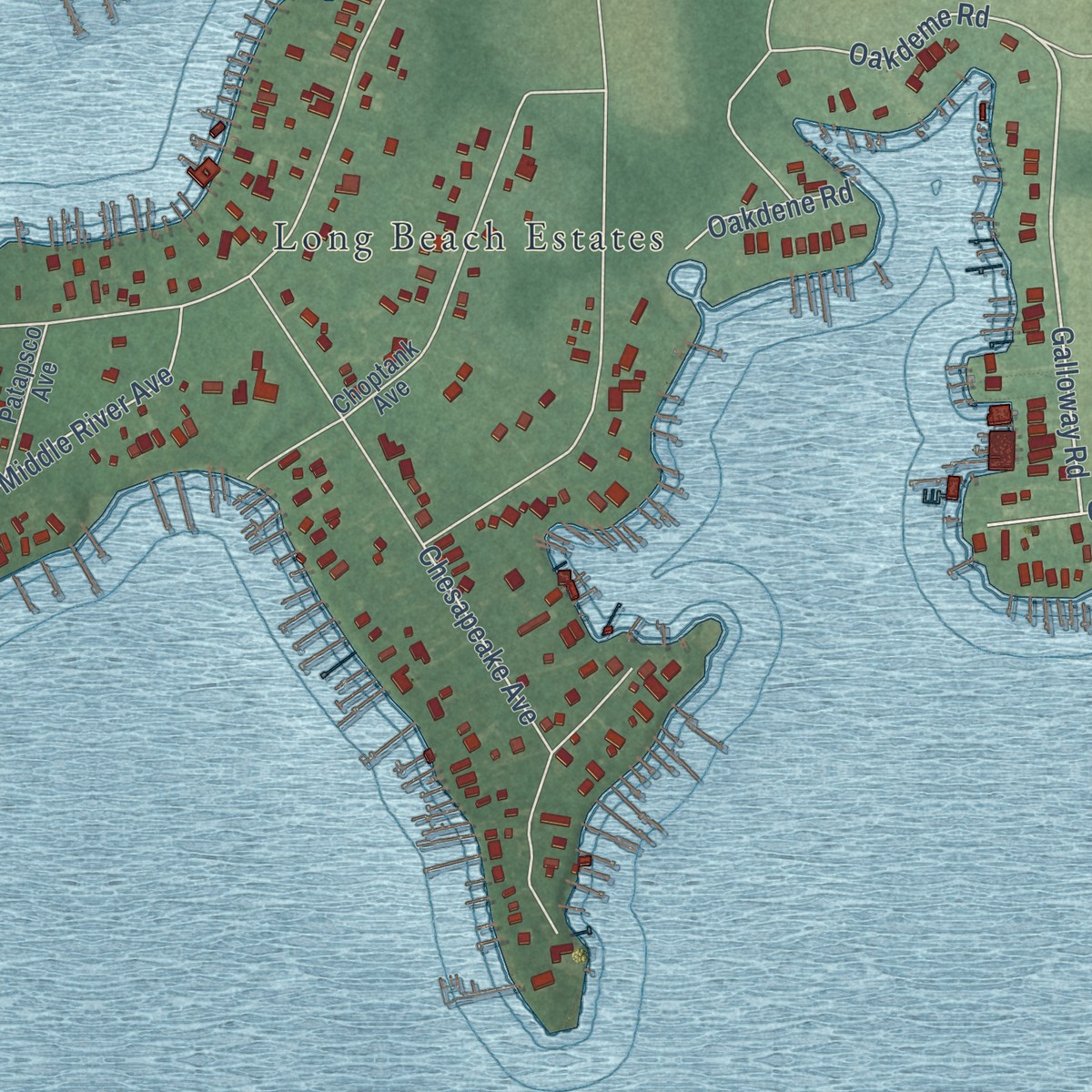 Second close-up of the map of Bowleys Quarters, Maryland print showing more streets and buildings