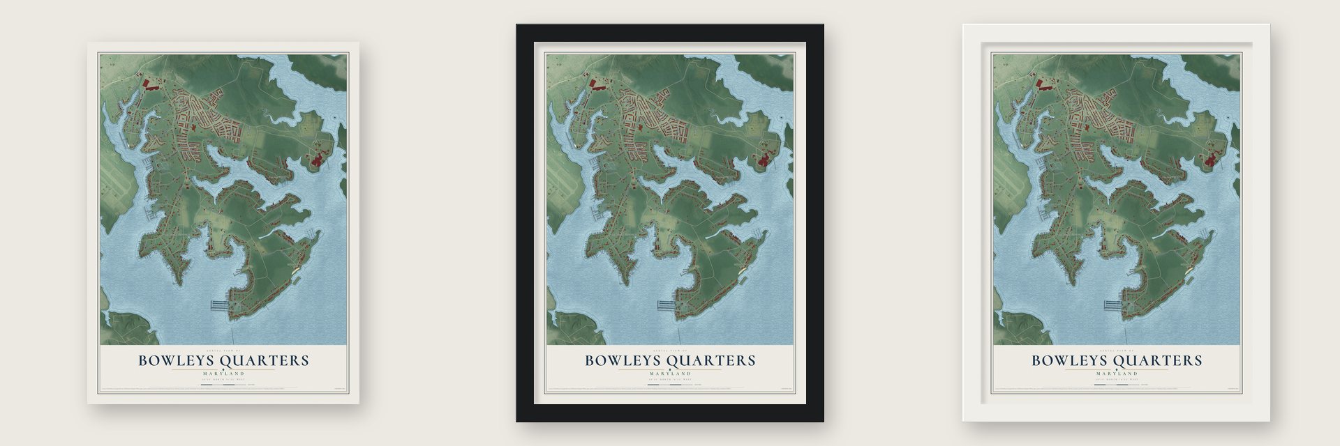 Bowleys Quarters, Maryland map unframed, in a black wood frame and in a white wood frame