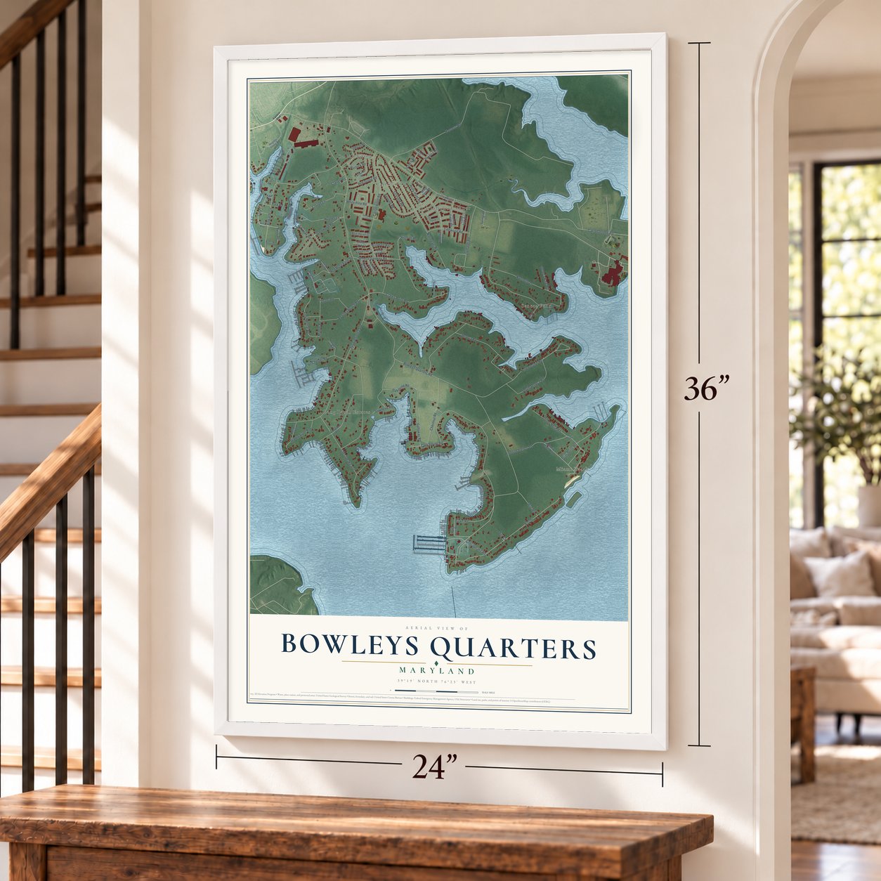 Bowleys Quarters, Maryland map, 24 x 36 inch print in a white frame by a staircase