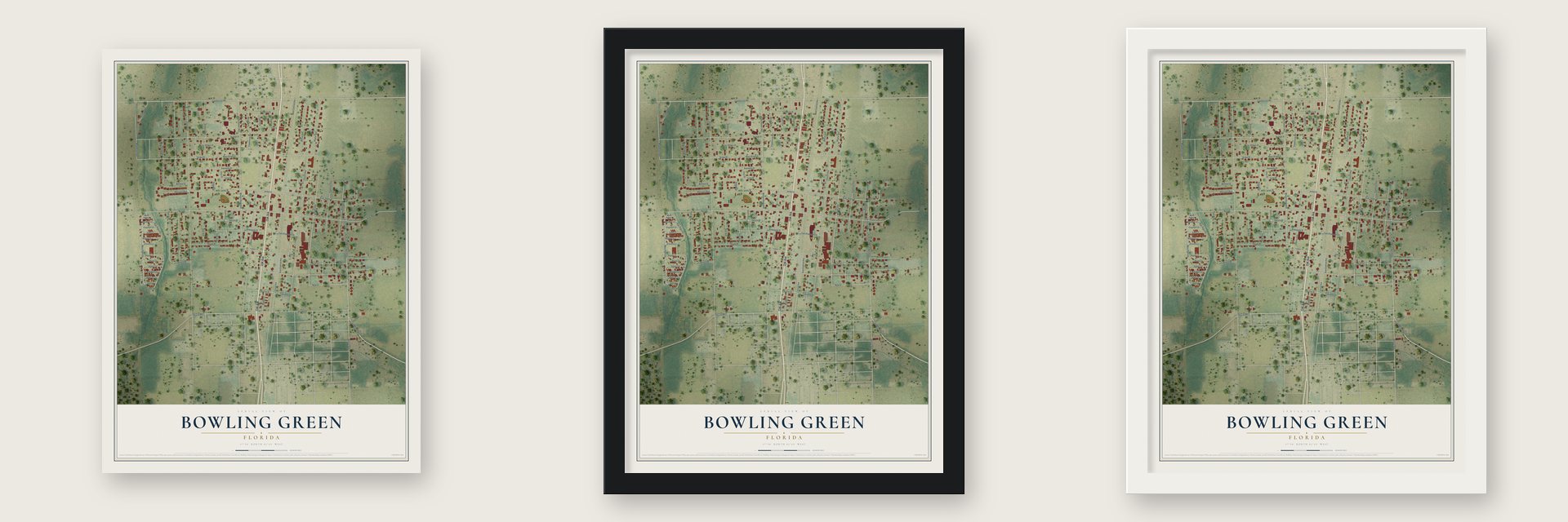 Bowling Green, Florida map unframed, in a black wood frame and in a white wood frame