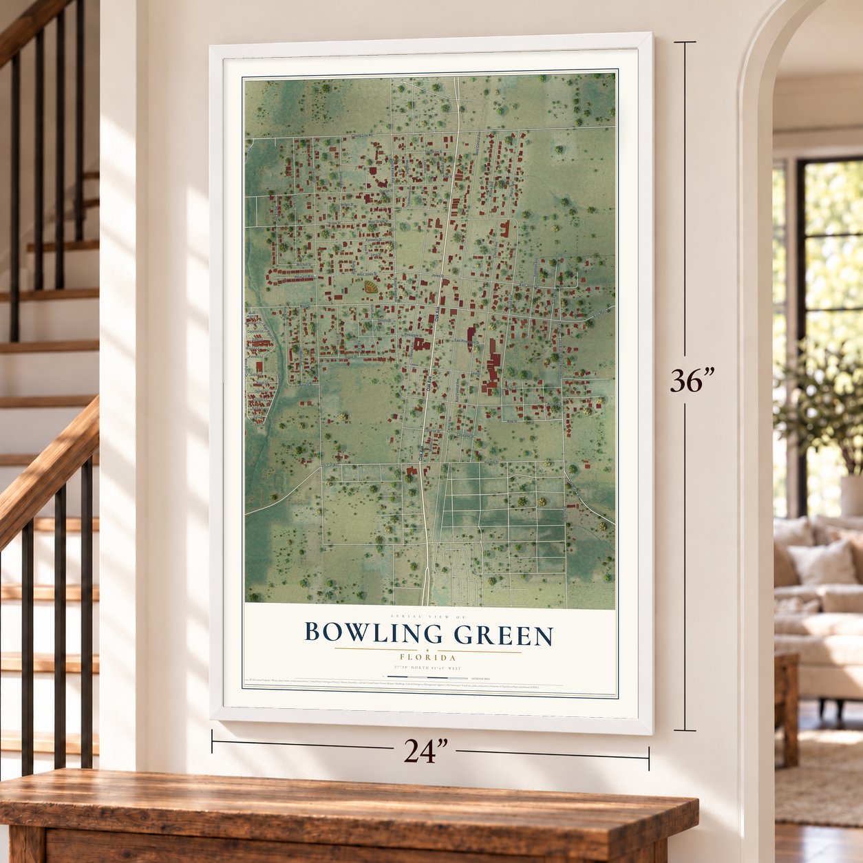 Bowling Green, Florida map, 24 x 36 inch print in a white frame by a staircase