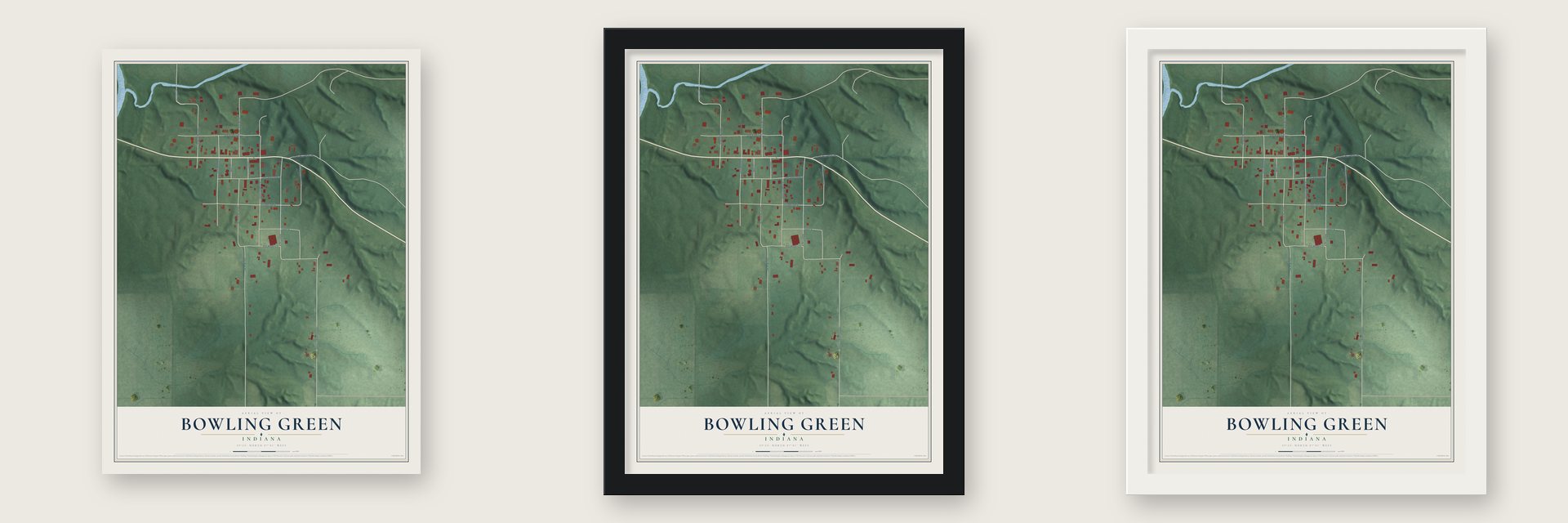 Bowling Green, Indiana map unframed, in a black wood frame and in a white wood frame