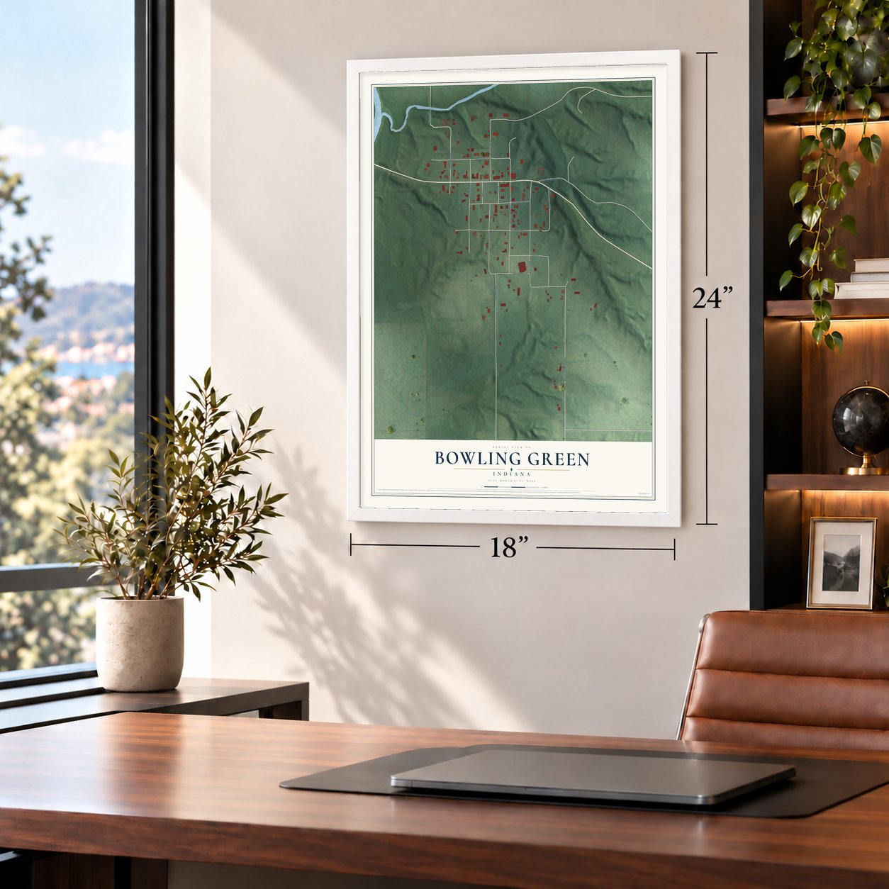 Bowling Green, Indiana map, 18 x 24 inch print in a white frame in a home office