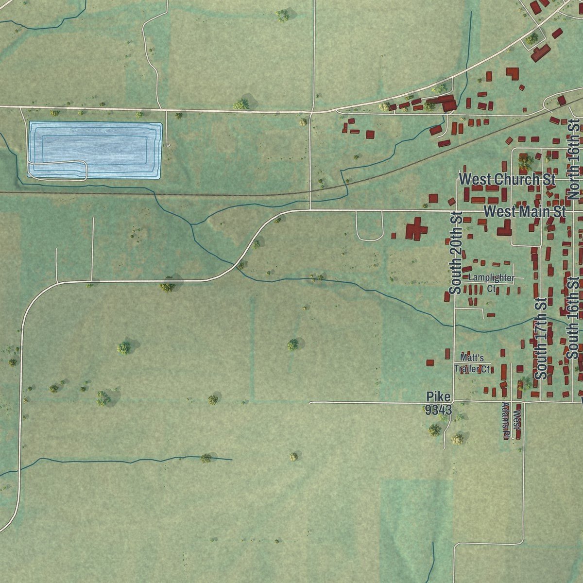 Second close-up of the map of Bowling Green, Missouri print showing more streets and buildings