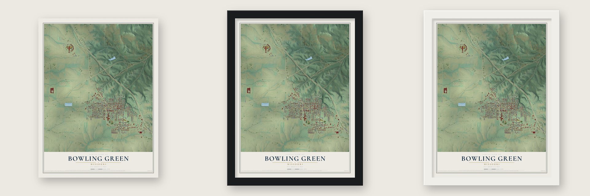 Bowling Green, Missouri map unframed, in a black wood frame and in a white wood frame