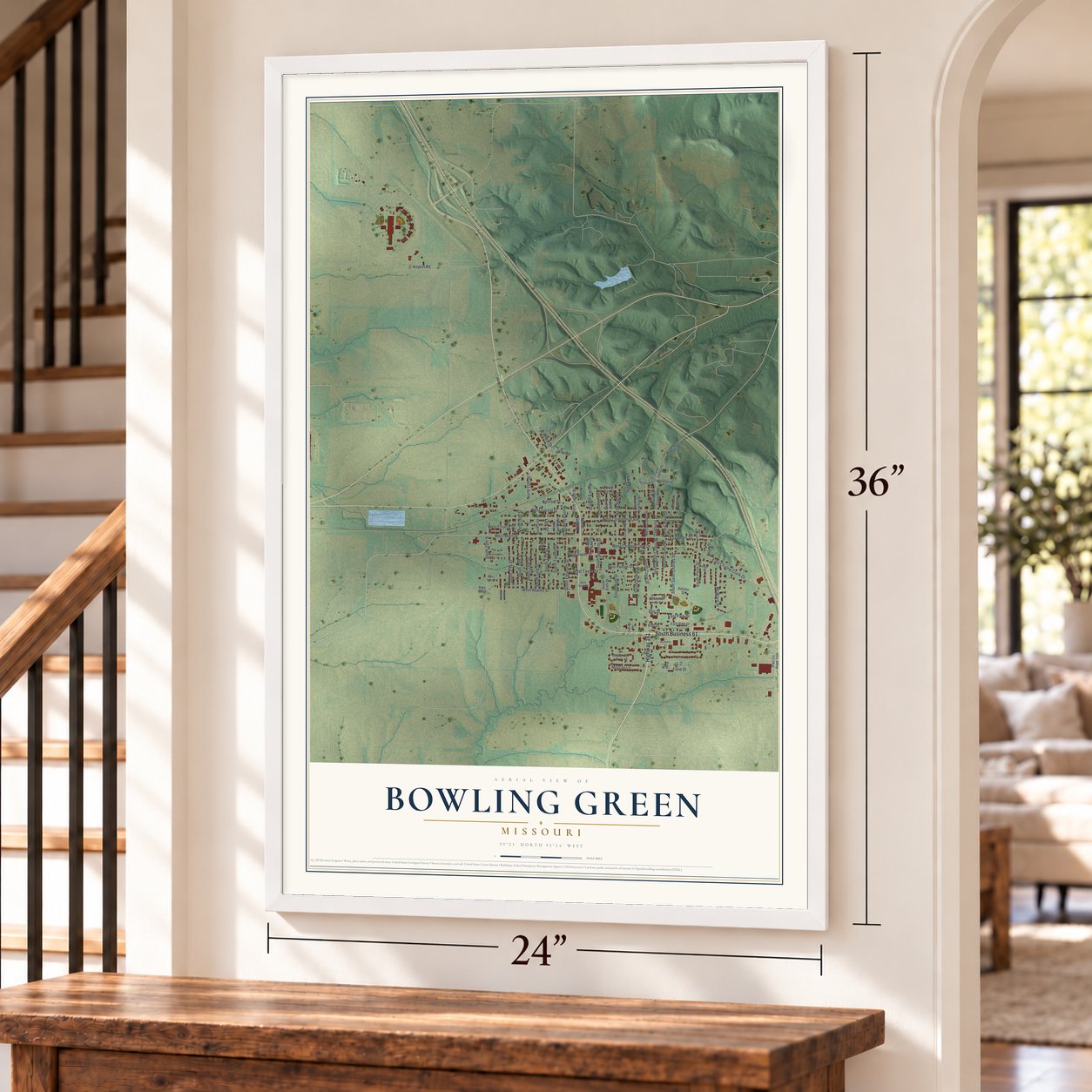 Bowling Green, Missouri map, 24 x 36 inch print in a white frame by a staircase