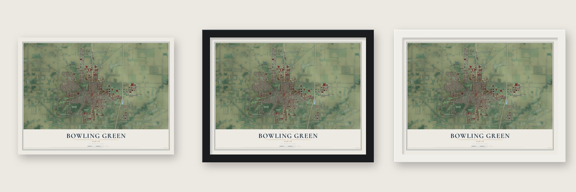 Bowling Green, Ohio map unframed, in a black wood frame and in a white wood frame