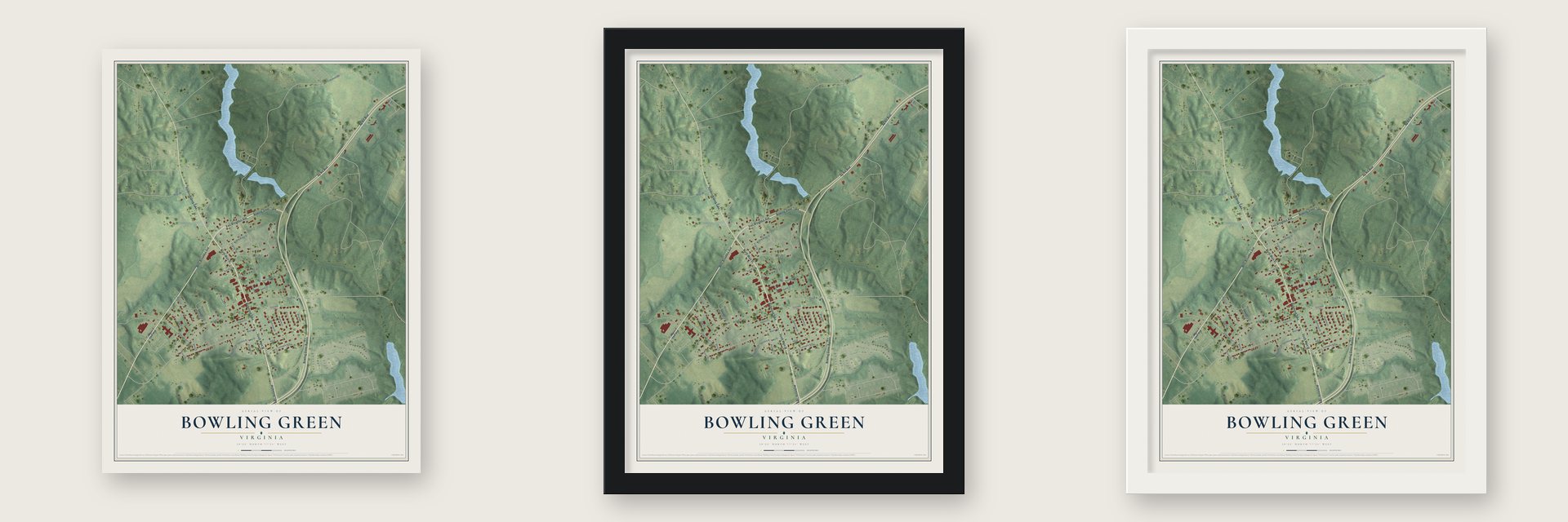 Bowling Green, Virginia map unframed, in a black wood frame and in a white wood frame