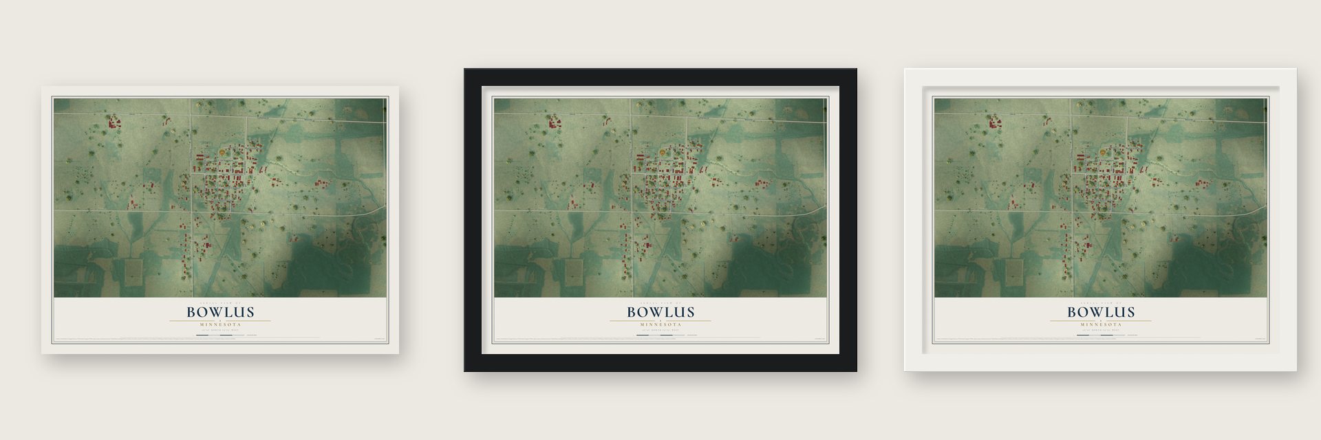 Bowlus, Minnesota map unframed, in a black wood frame and in a white wood frame