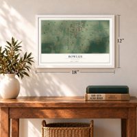 Bowlus, Minnesota map, 12 x 18 inch print in a white frame in an entryway