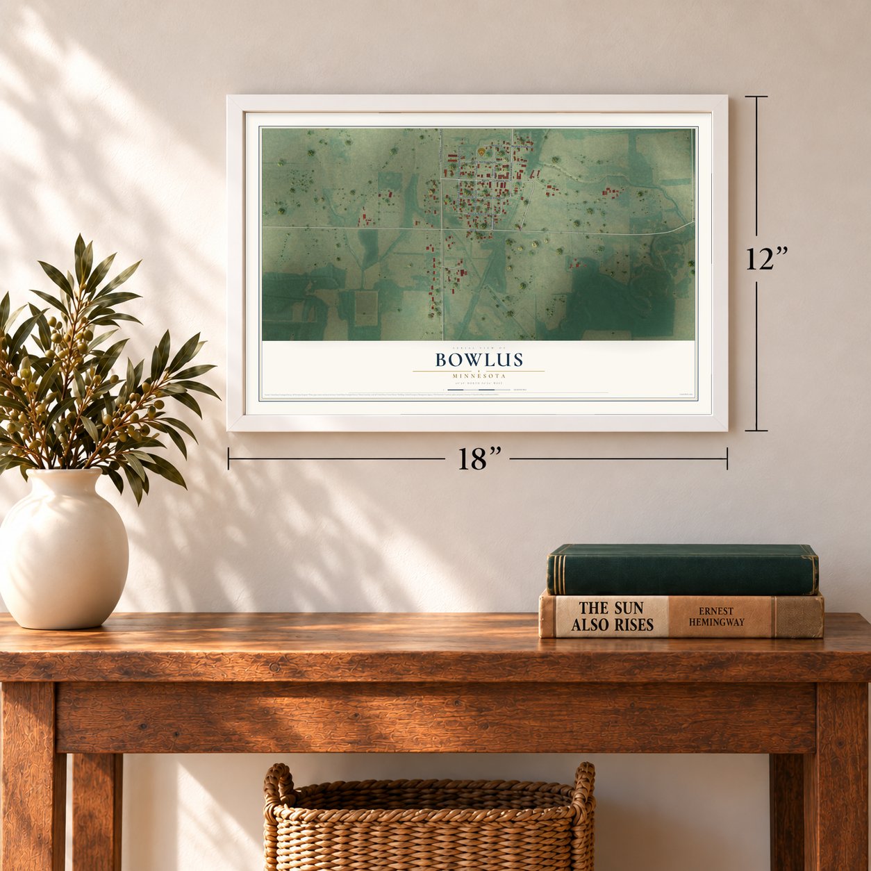 Bowlus, Minnesota map, 12 x 18 inch print in a white frame in an entryway