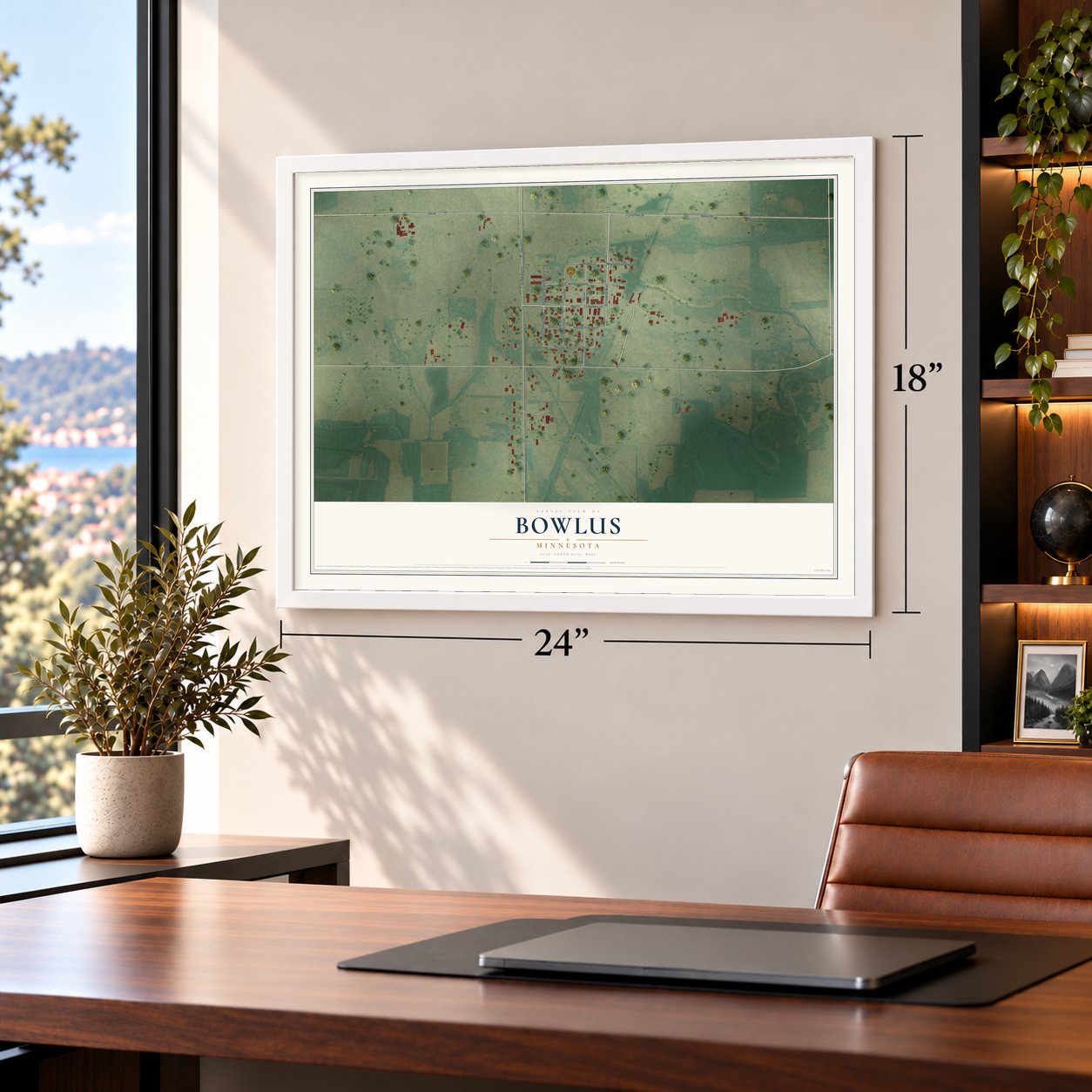 Bowlus, Minnesota map, 18 x 24 inch print in a white frame in a home office
