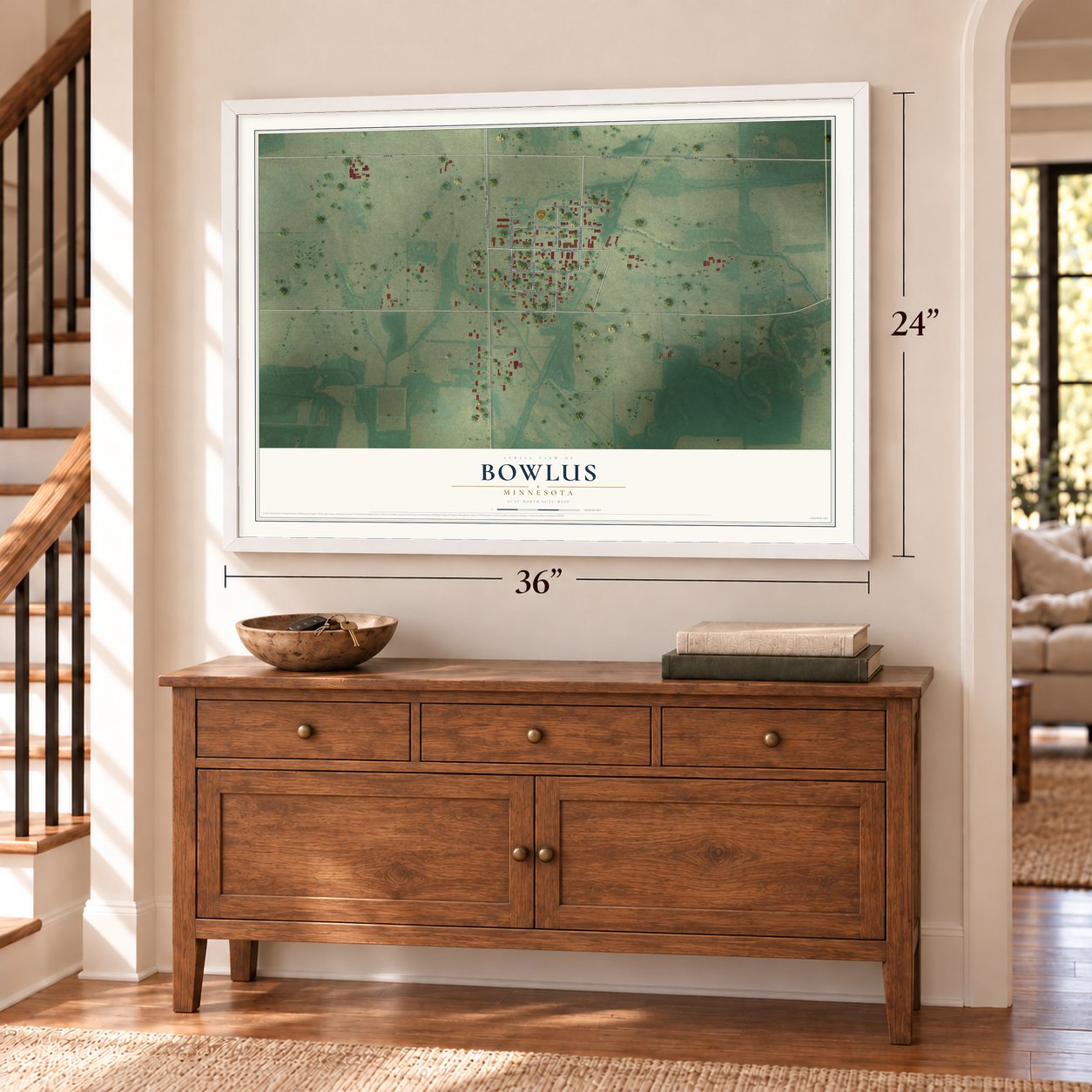 Bowlus, Minnesota map, 24 x 36 inch print in a white frame above a dresser by a staircase