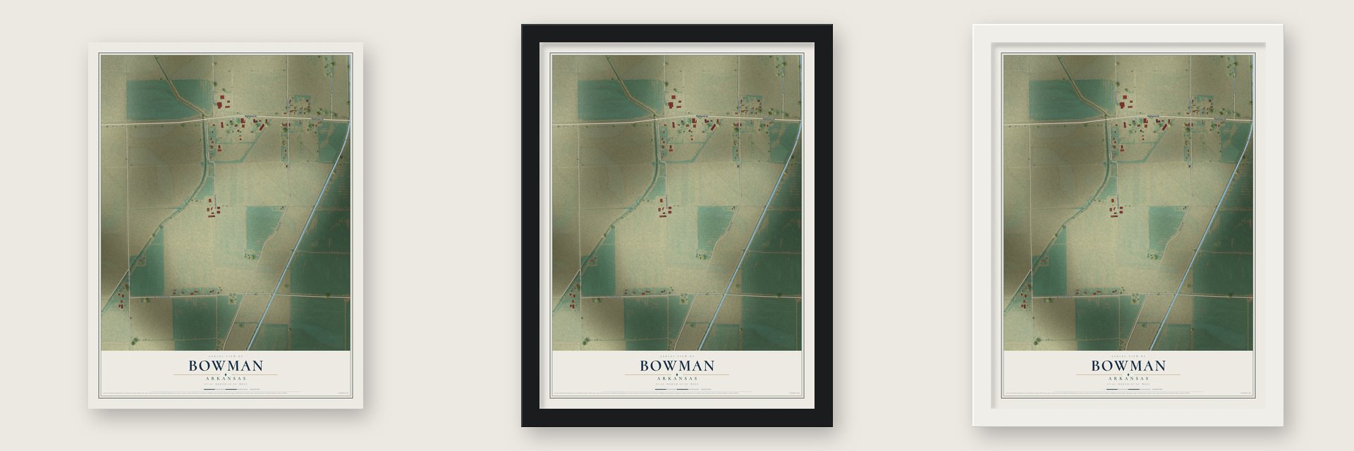 Bowman, Arkansas map unframed, in a black wood frame and in a white wood frame
