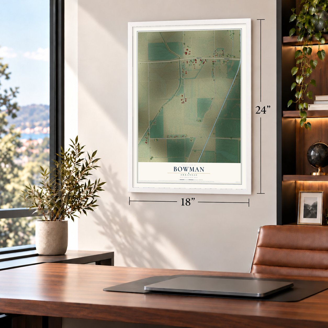 Bowman, Arkansas map, 18 x 24 inch print in a white frame in a home office