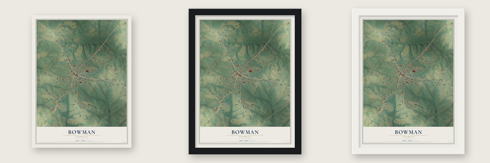 Bowman, Georgia map unframed, in a black wood frame and in a white wood frame