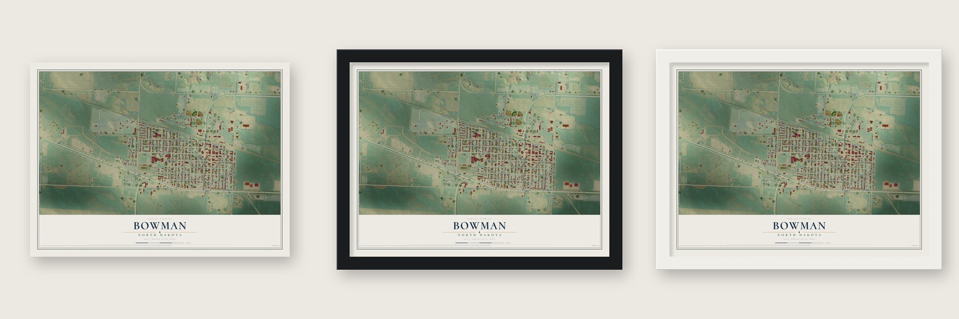 Bowman, North Dakota map unframed, in a black wood frame and in a white wood frame