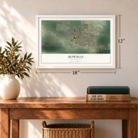 Bowman, North Dakota map, 12 x 18 inch print in a white frame in an entryway