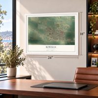 Bowman, North Dakota map, 18 x 24 inch print in a white frame in a home office