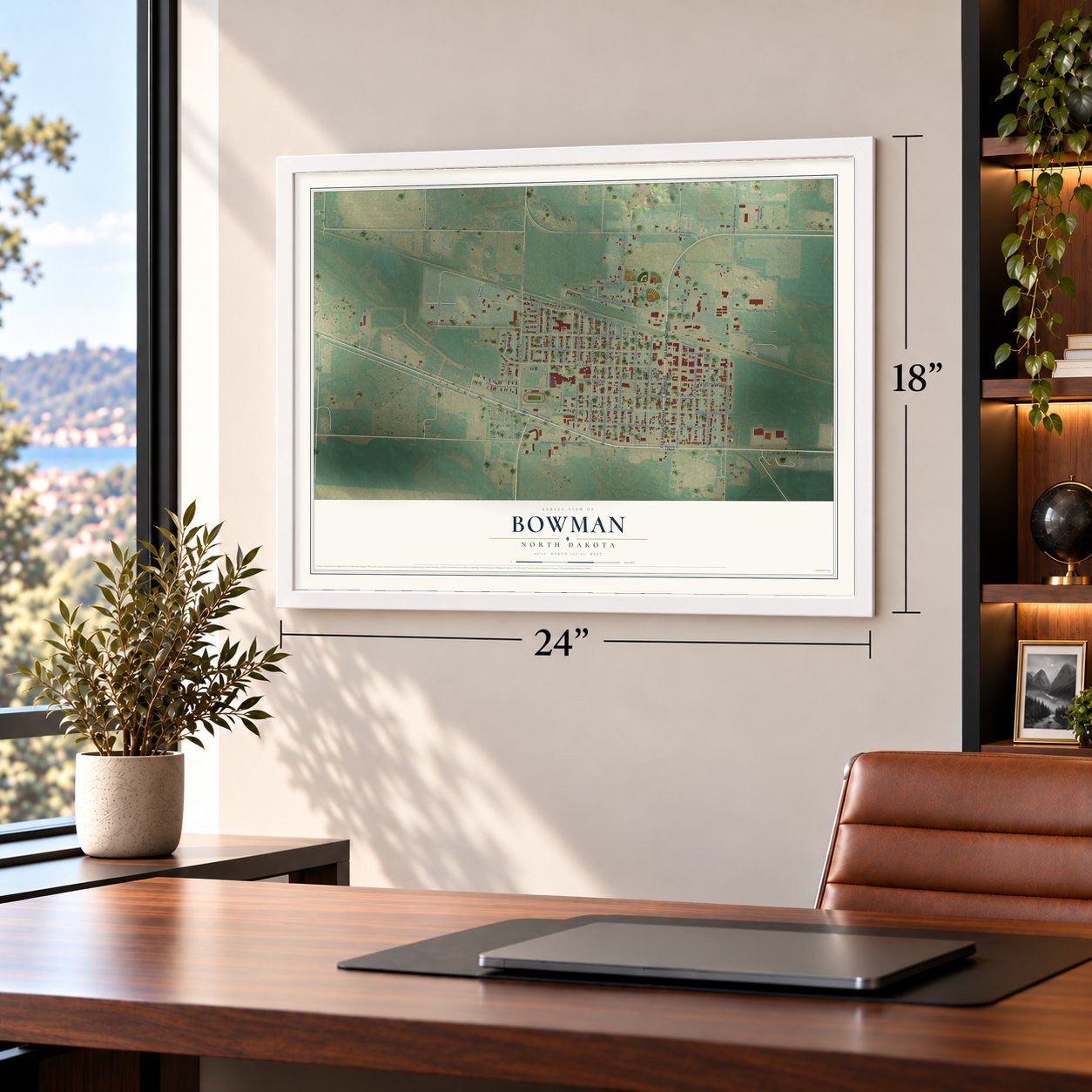 Bowman, North Dakota map, 18 x 24 inch print in a white frame in a home office