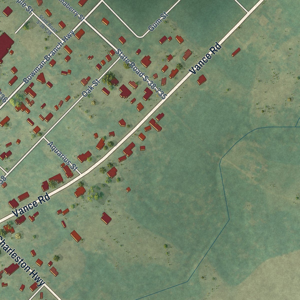 Second close-up of the map of Bowman, South Carolina print showing more streets and buildings