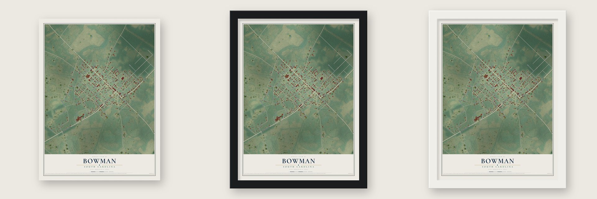 Bowman, South Carolina map unframed, in a black wood frame and in a white wood frame