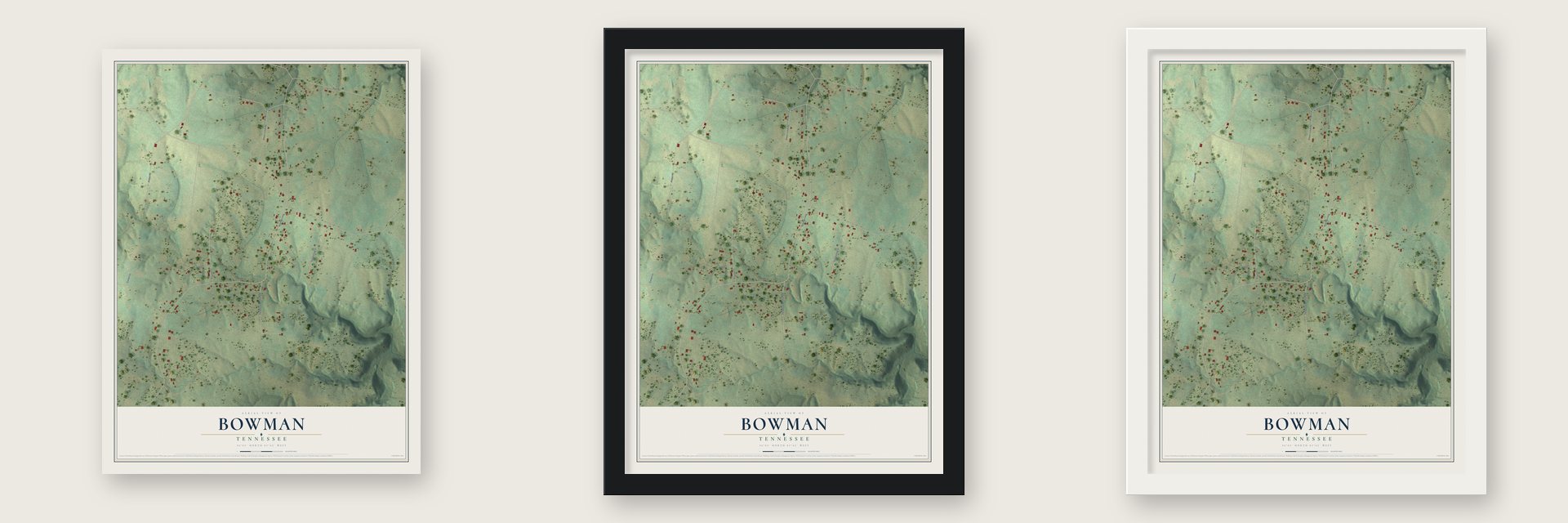 Bowman, Tennessee map unframed, in a black wood frame and in a white wood frame