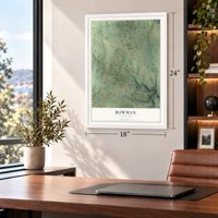 Bowman, Tennessee map, 18 x 24 inch print in a white frame in a home office