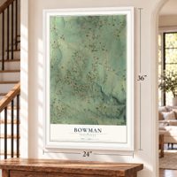 Bowman, Tennessee map, 24 x 36 inch print in a white frame by a staircase