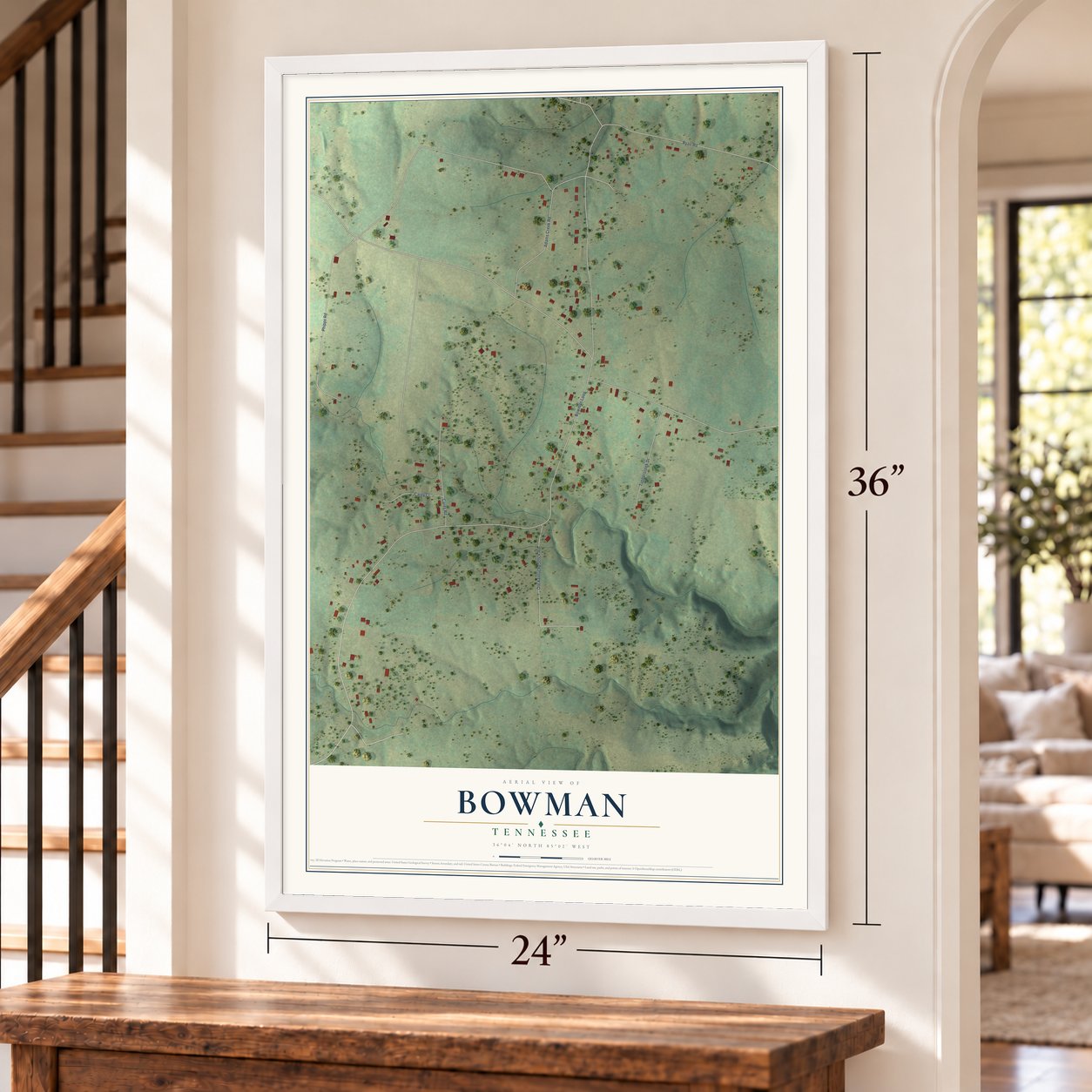 Bowman, Tennessee map, 24 x 36 inch print in a white frame by a staircase