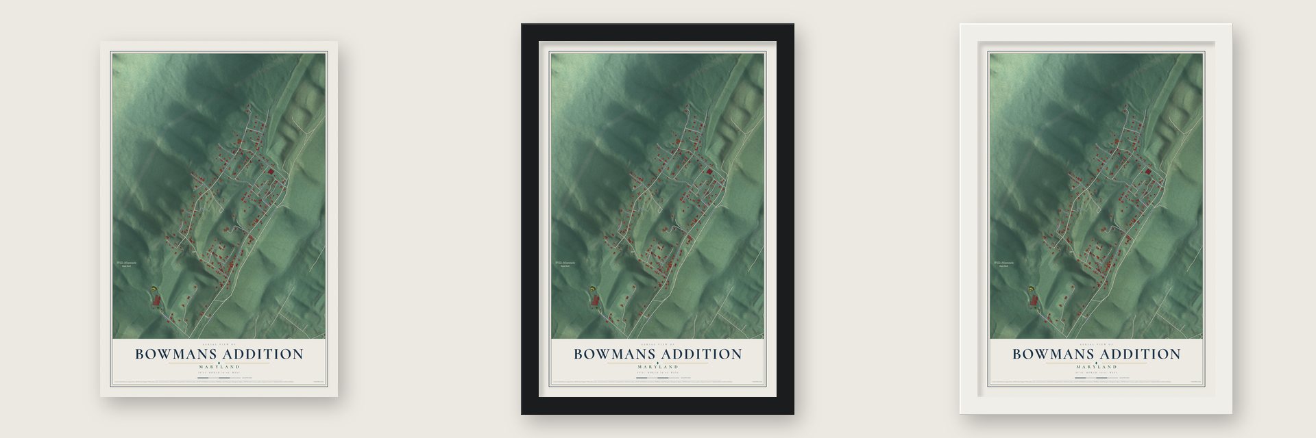 Bowmans Addition, Maryland map unframed, in a black wood frame and in a white wood frame