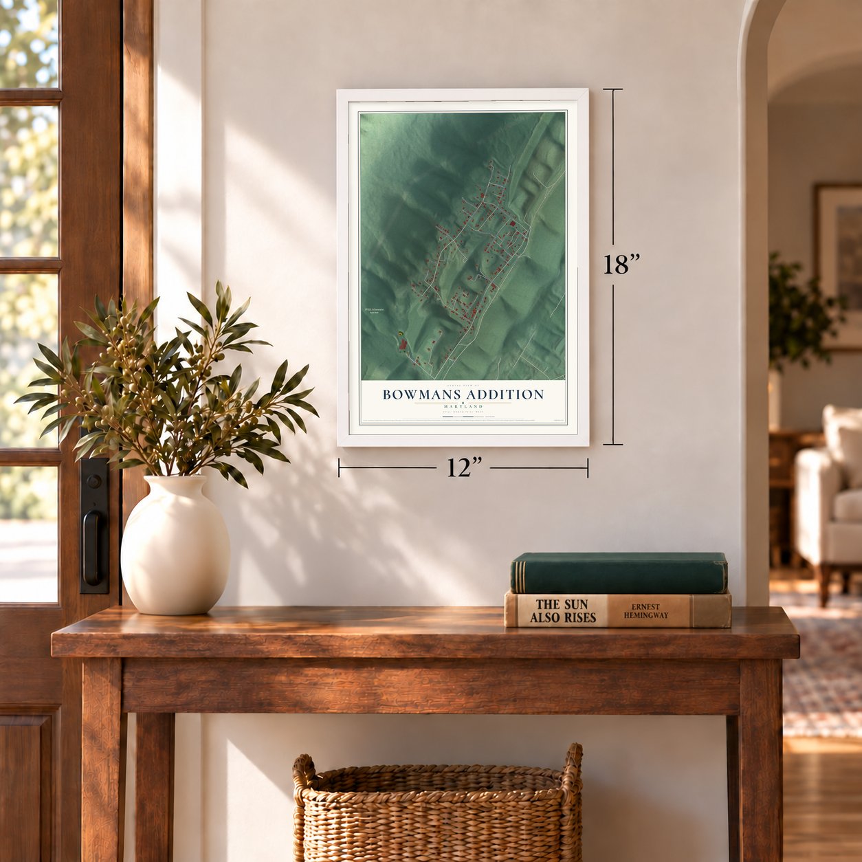 Bowmans Addition, Maryland map, 12 x 18 inch print in a white frame in an entryway