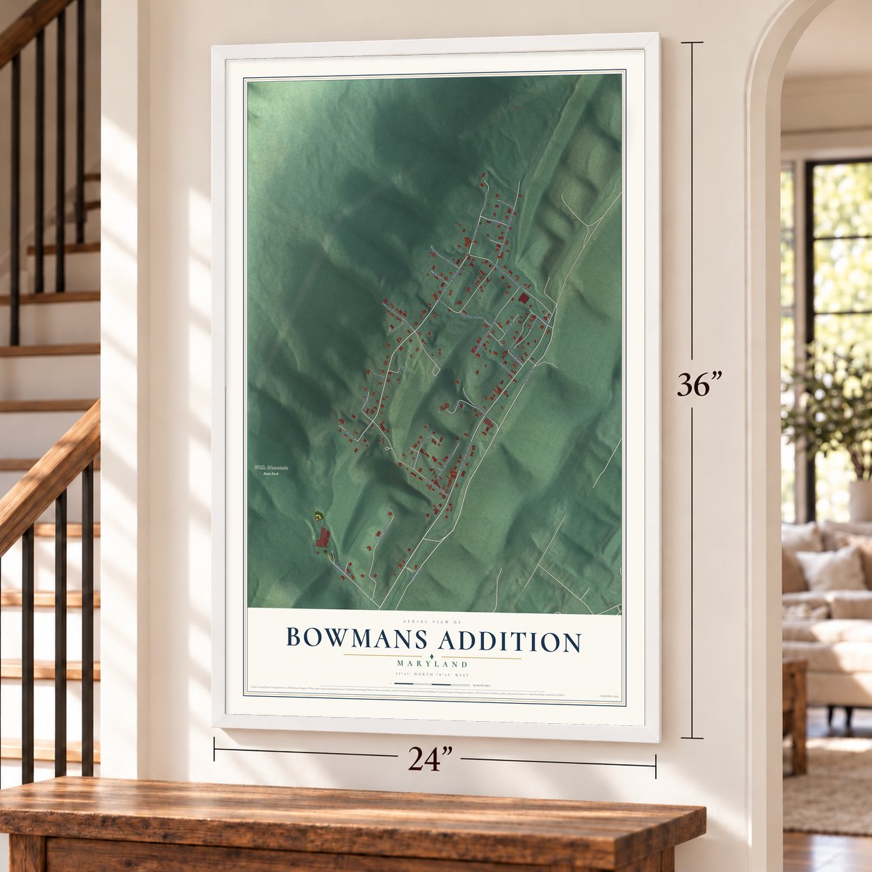Bowmans Addition, Maryland map, 24 x 36 inch print in a white frame by a staircase