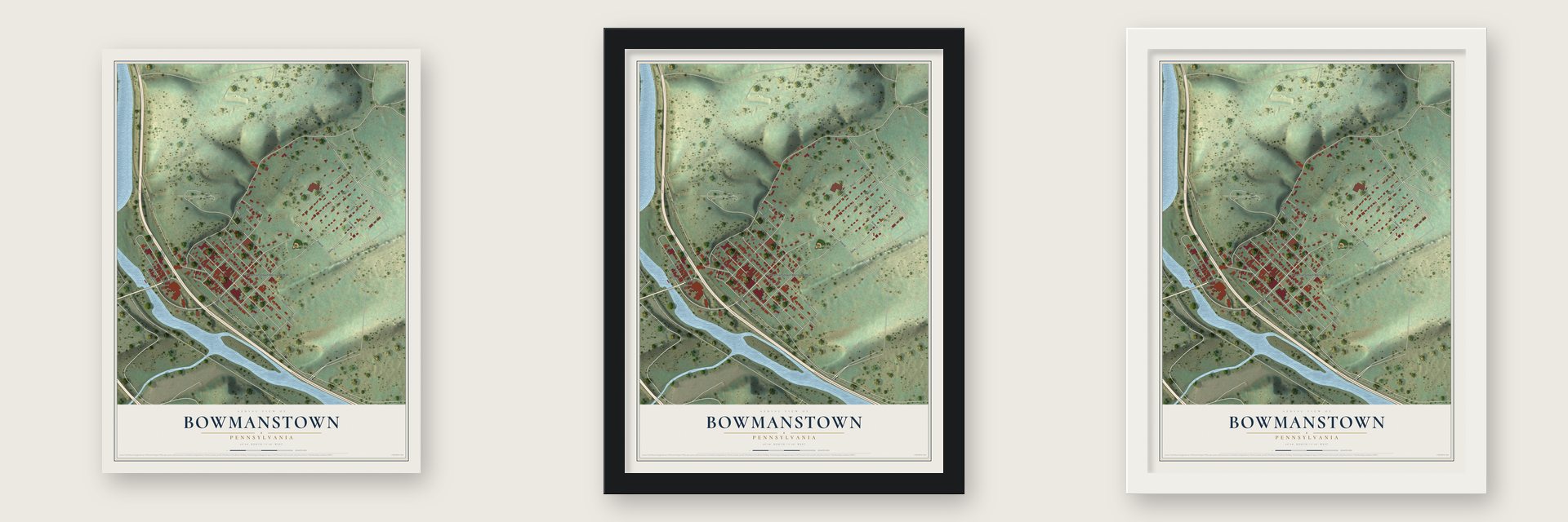 Bowmanstown, Pennsylvania map unframed, in a black wood frame and in a white wood frame