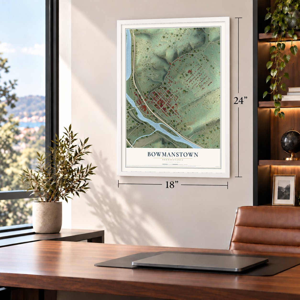 Bowmanstown, Pennsylvania map, 18 x 24 inch print in a white frame in a home office