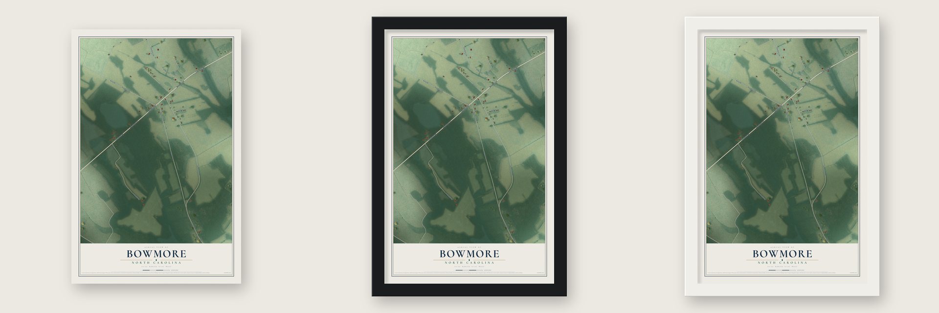 Bowmore, North Carolina map unframed, in a black wood frame and in a white wood frame
