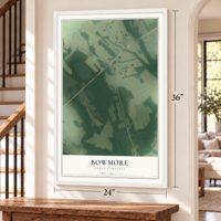 Bowmore, North Carolina map, 24 x 36 inch print in a white frame by a staircase