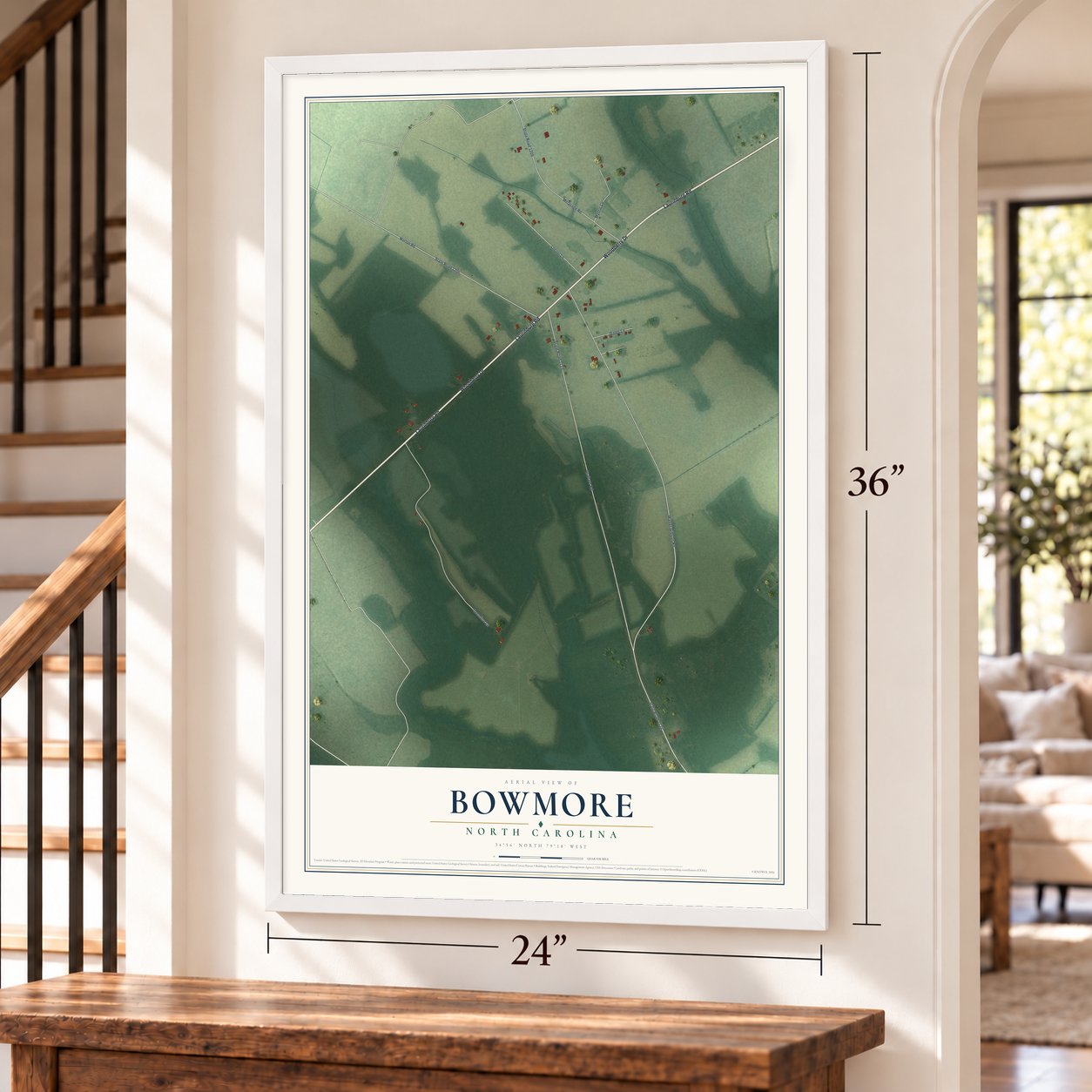 Bowmore, North Carolina map, 24 x 36 inch print in a white frame by a staircase