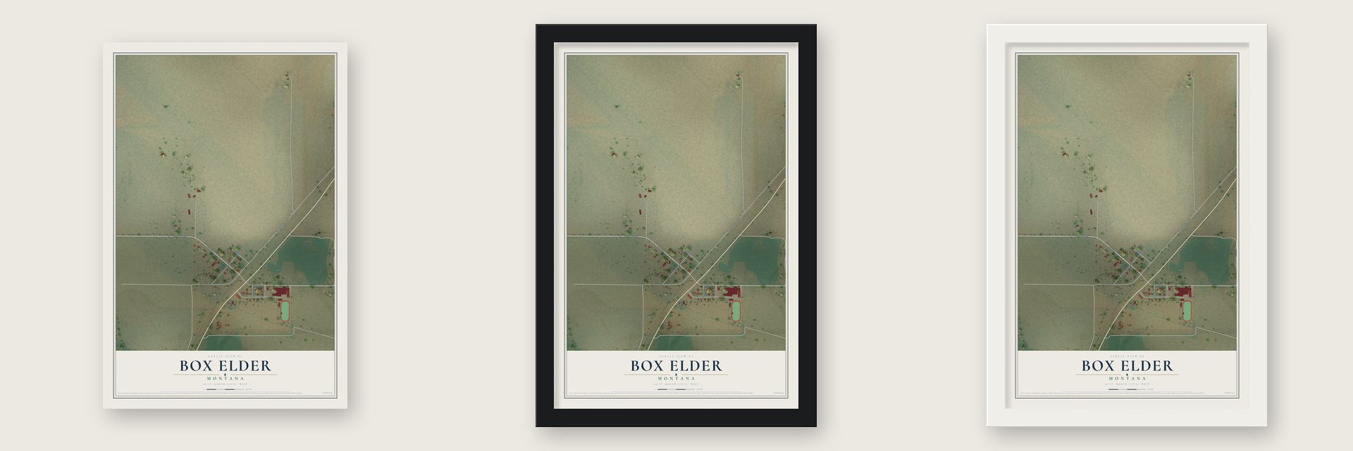 Box Elder, Montana map unframed, in a black wood frame and in a white wood frame