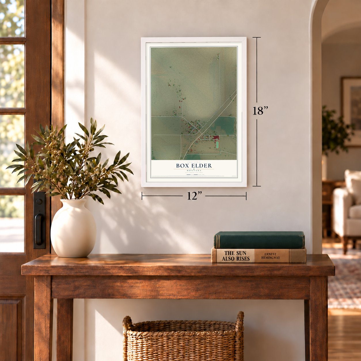 Box Elder, Montana map, 12 x 18 inch print in a white frame in an entryway