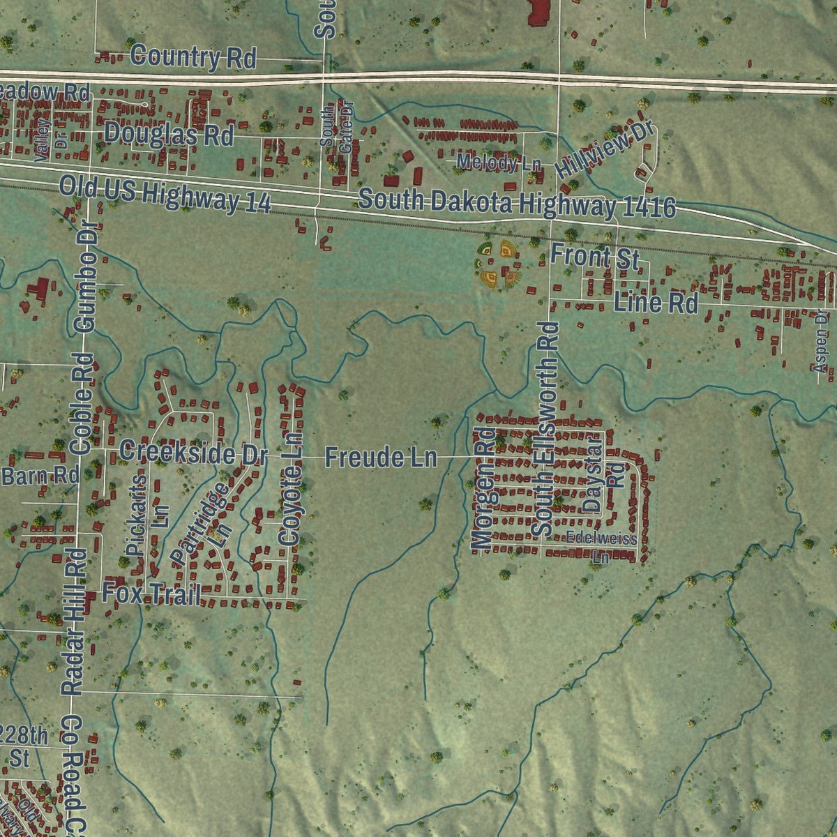 Second close-up of the map of Box Elder, South Dakota print showing more streets and buildings