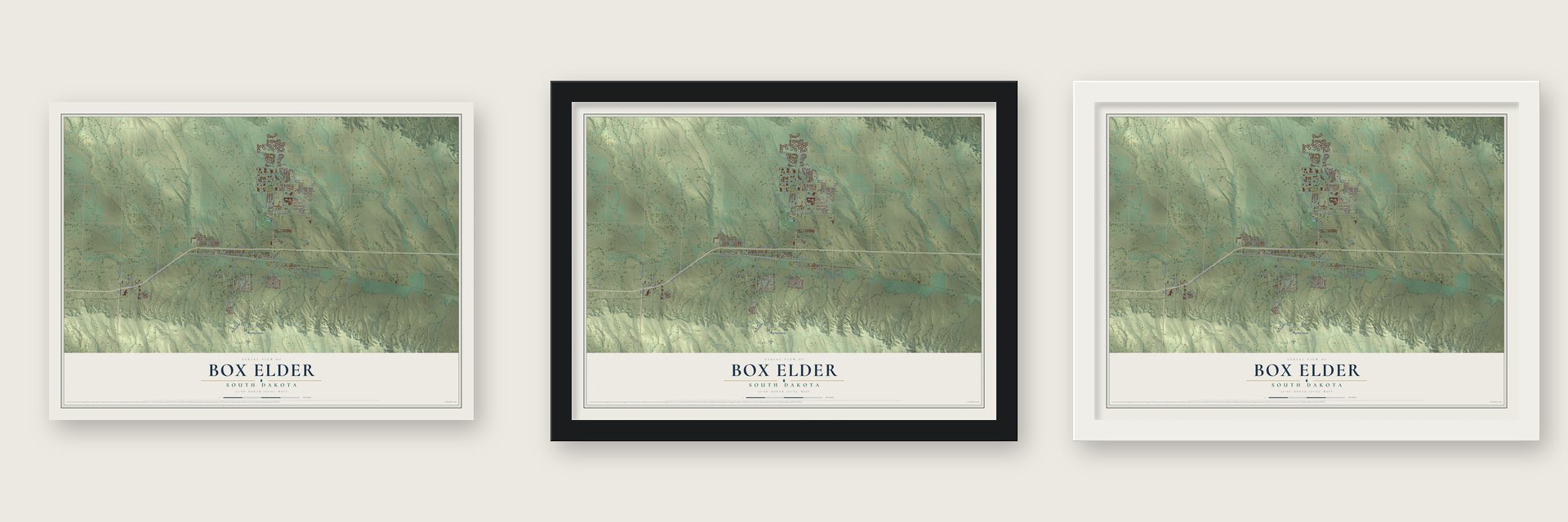 Box Elder, South Dakota map unframed, in a black wood frame and in a white wood frame
