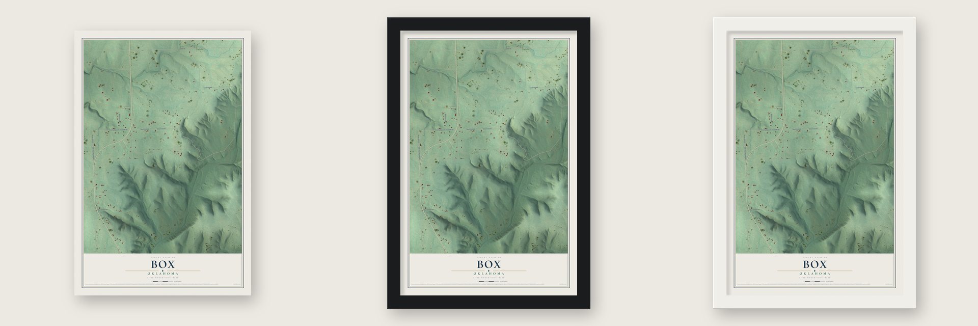 Box, Oklahoma map unframed, in a black wood frame and in a white wood frame