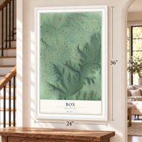 Box, Oklahoma map, 24 x 36 inch print in a white frame by a staircase