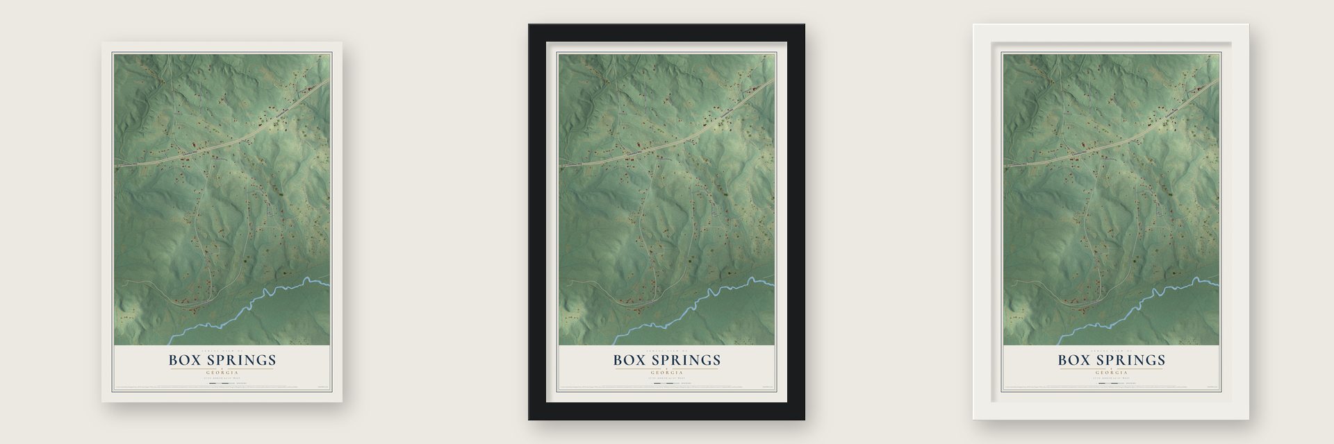 Box Springs, Georgia map unframed, in a black wood frame and in a white wood frame