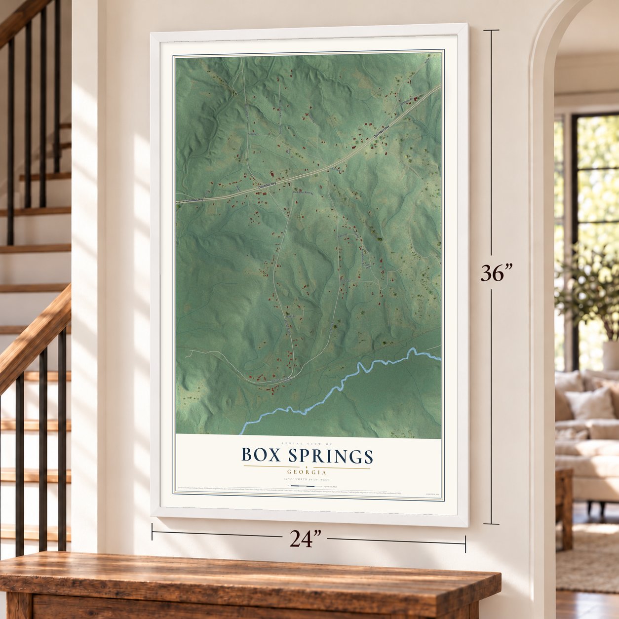 Box Springs, Georgia map, 24 x 36 inch print in a white frame by a staircase