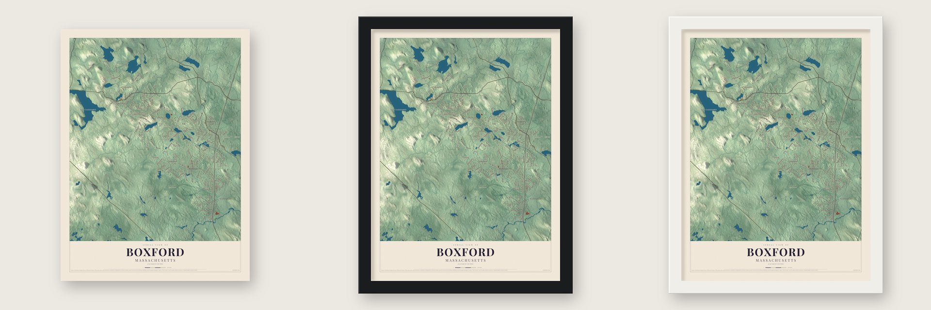 Boxford, Massachusetts map unframed, in a black wood frame and in a white wood frame