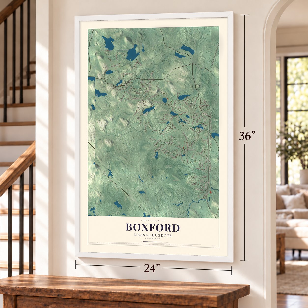 Boxford, Massachusetts map, 24 x 36 inch print in a white frame by a staircase