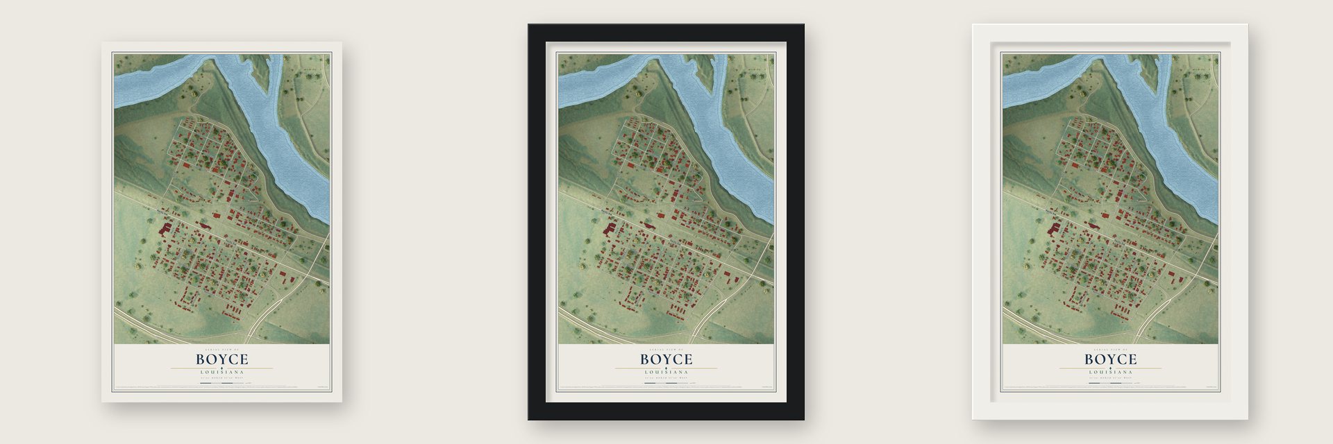 Boyce, Louisiana map unframed, in a black wood frame and in a white wood frame