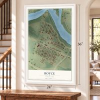 Boyce, Louisiana map, 24 x 36 inch print in a white frame by a staircase